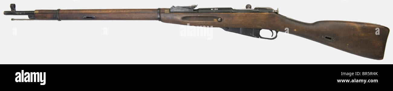 A Soviet rifle Mosin-Nagant 1891/30, calibre 7,62 x 54R, number 16782, made in 1937 by Ijevsk factory. Lightly rusted and black repainted postwar. No sling, but with its cleaning rod and bayonet. historic, historical, 1930s, 20th century, gun, guns, firearm, fire arm, firearms, fire arms, weapons, arms, weapon, arm, fighting device, object, objects, stills, clipping, clippings, cut out, cut-out, cut-outs, military, militaria, piece of equipment, Stock Photo