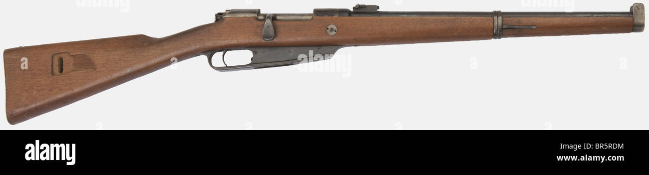 A German 'Kommission' cavalry carbine M 88, calibre 7,92 x 57 (S), serial number 7090. Restored, no sling. historic, historical, 19th century, gun, guns, firearm, fire arm, firearms, fire arms, weapons, arms, weapon, arm, fighting device, object, objects, stills, clipping, clippings, cut out, cut-out, cut-outs, military, militaria, piece of equipment, Stock Photo