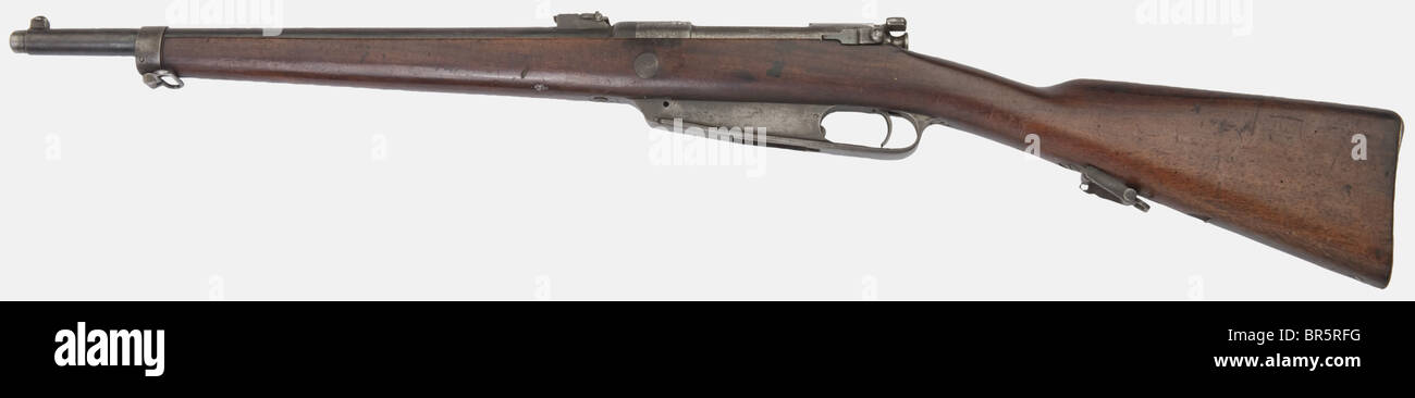 A German 'Kommission' foot artillery carbine M 88, calibre 8mm Mod 88, serial number 489, made by 'V.C.S. C.G.H. SUHL 1896'. Cartridge housing on the stock. Polished frame with some damage, pitted buttplate. Stock with no marking (restored?). historic, historical, 19th century, gun, guns, firearm, fire arm, firearms, fire arms, weapons, arms, weapon, arm, fighting device, object, objects, stills, clipping, clippings, cut out, cut-out, cut-outs, military, militaria, piece of equipment, Stock Photo
