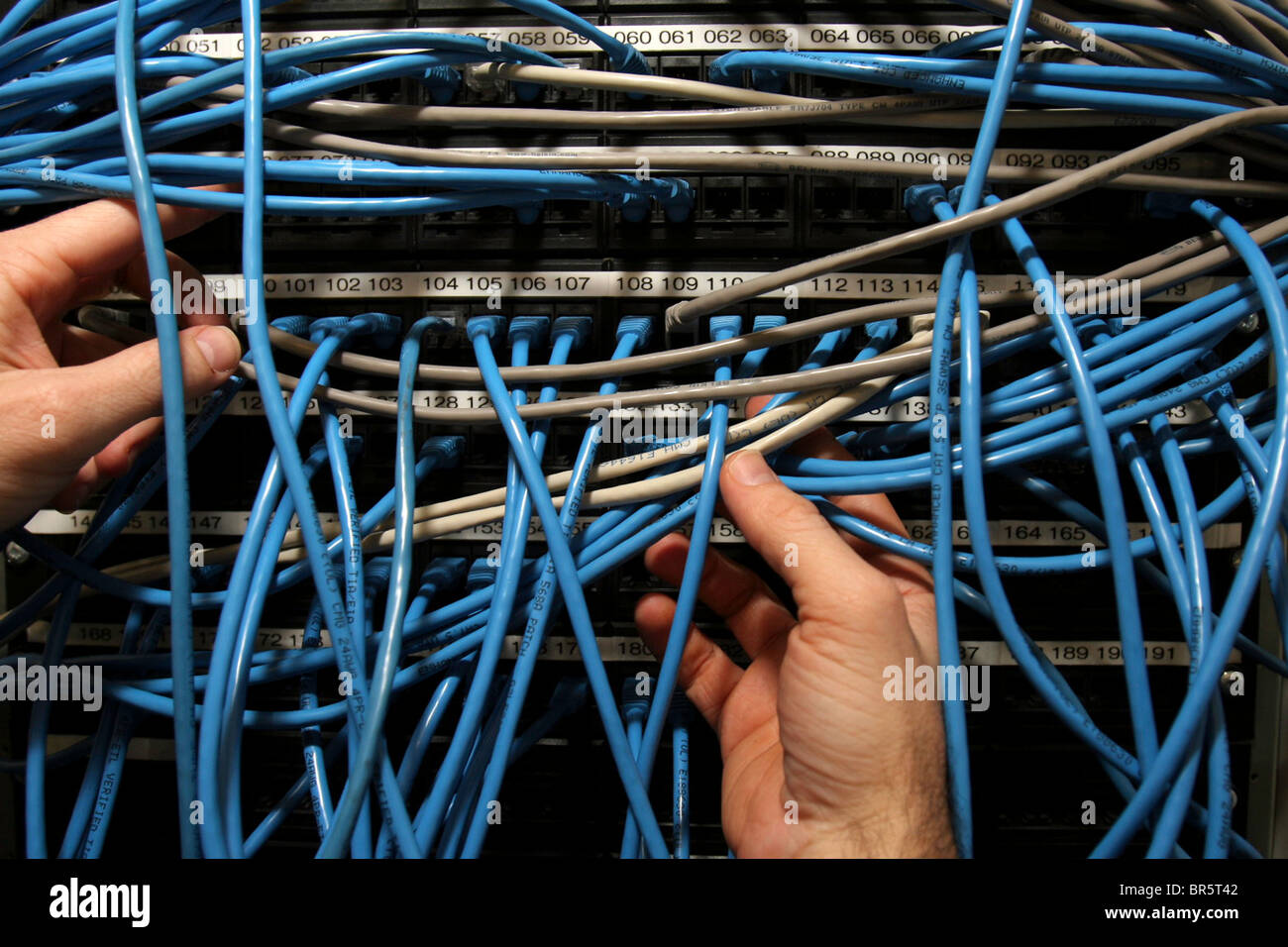 Hands adjusting cables on a Computer network server switchboard Stock Photo  - Alamy