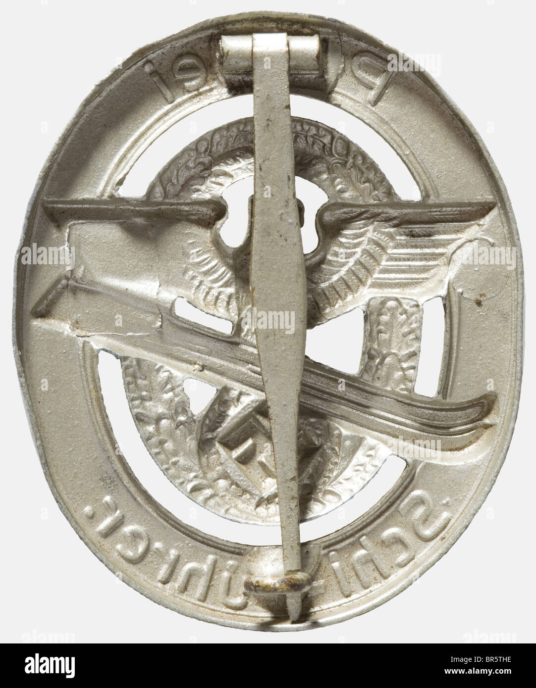 Police Expert Skier Badge, Hollow-stamped silvered issue with vertical, waisted attachment pin. The inscription and skis are highlighted in yellow (Nie 6.06.70). Very rare. historic, historical, 1930s, 1930s, 20th century, awards, award, German Reich, Third Reich, Nazi era, National Socialism, object, objects, stills, medal, decoration, medals, decorations, clipping, cut out, cut-out, cut-outs, honor, honour, National Socialist, Nazi, Nazi period, symbol, symbols, emblem, emblems, insignia, Stock Photo