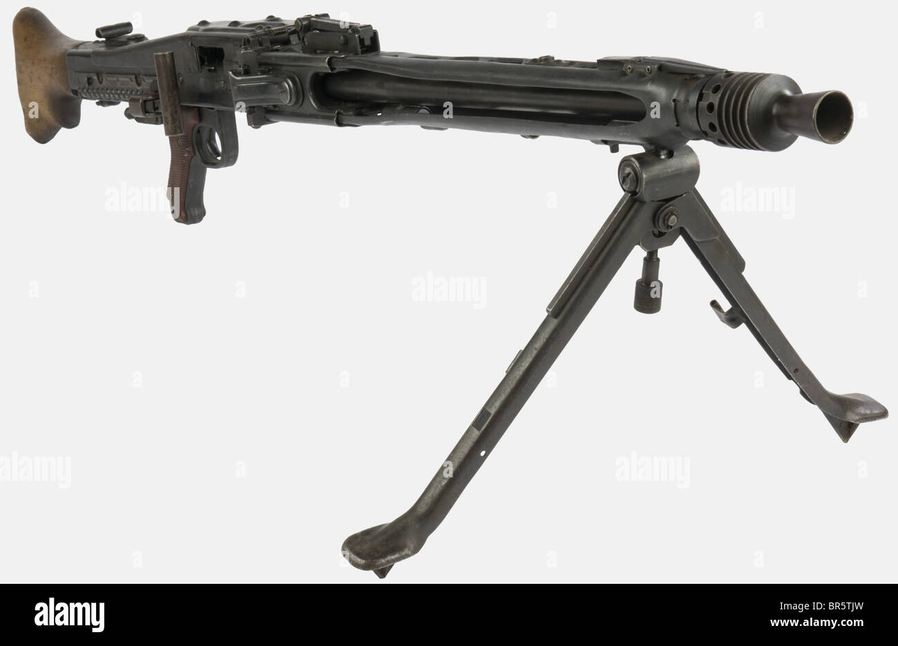 A German MG 42 machine gun, calibre 7,92 x 57, serial number 5044, stamped "dfb". Arsenal-restored machine gun (post-war) and reblued, with a bipod. historic, historical, 1930s, 20th century, gun, guns, firearm, fire arm, firearms, fire arms, weapons, arms, weapon, arm, fighting device, object, objects, stills, clipping, clippings, cut out, cut-out, cut-outs, military, militaria, piece of equipment, Stock Photo