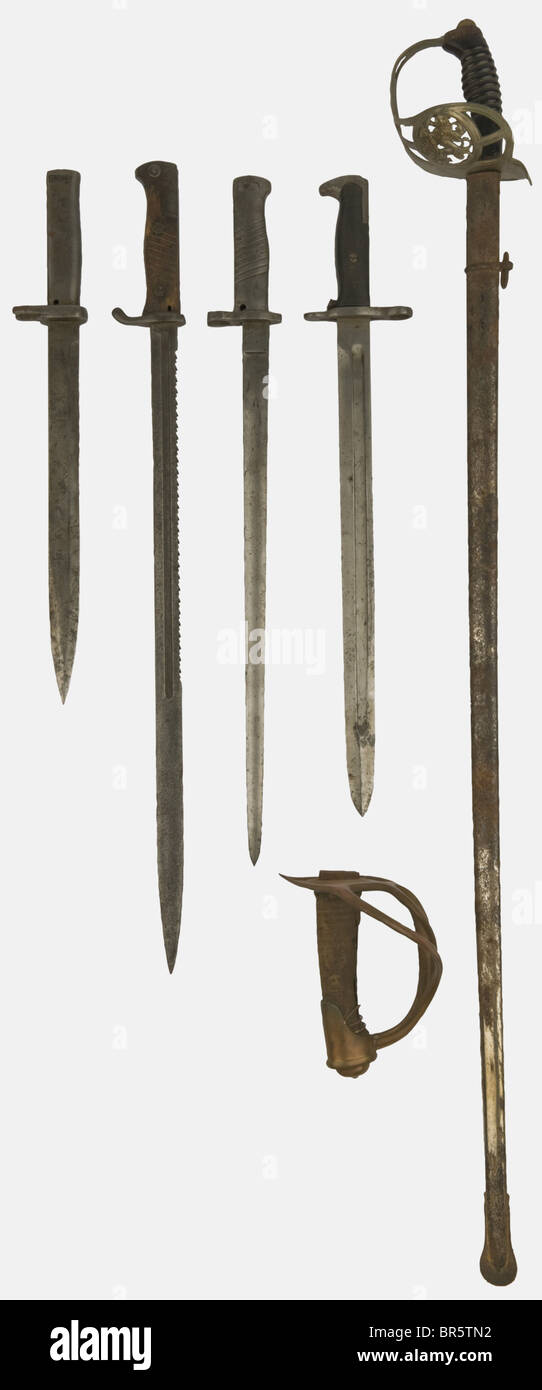 A group of edged weapons, including a German first pattern NCO's Mauser 98 bayonet with saw back blade in its second version with two wooden grip scales, made by 'C.G. HAENEL SUHL', reception marking on the crossguard '140. R. 12. 2.', no scabbard, a rare German First World War Ersatz bayonet with all-steel handle, socket bayonet, triangular blade (probably from a pattern 1853 English bayonet or a Belgian model) and remains of light green paint, an American Springfield 1903 bayonet with white polished blade, stamped 'UC US' and '42', black plastic grip scales, , Stock Photo