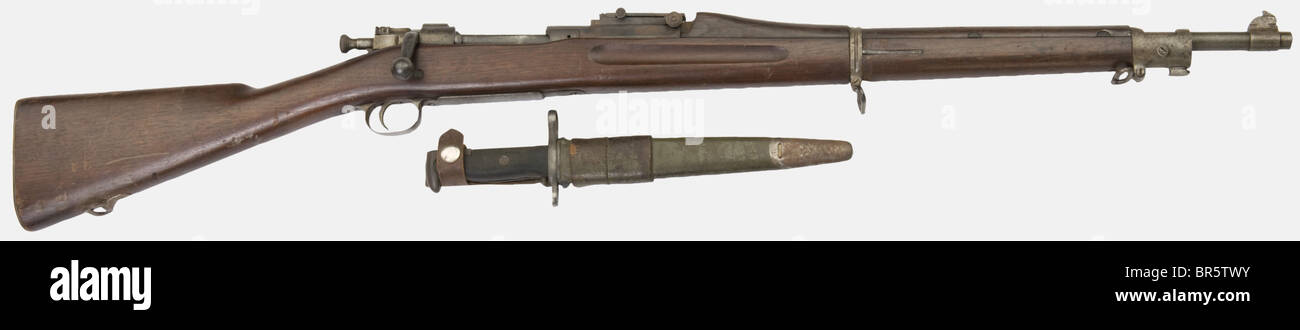 An American bolt action rifle Springfield 1903, calibre 30/06, serial  number 46054, made by "U.S. Rock Island Arsenal model 1903 46054". Deeply  pitted receiver, cut furniture, tangent sight, no sling, with a