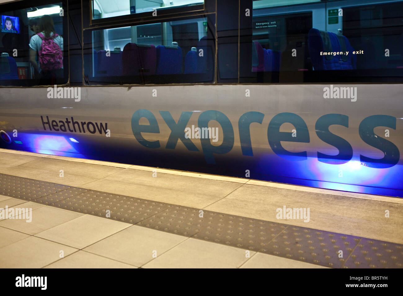 A Heathrow Express train at London Heathrow Airport’s Terminal 5 station. Stock Photo