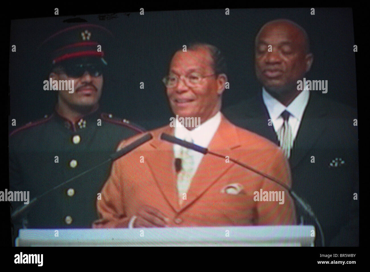 Minister Louis Farrakhan, Nation of Islam, during a live TV link up from Chicago USA for his Saviours’ Day address. Stock Photo