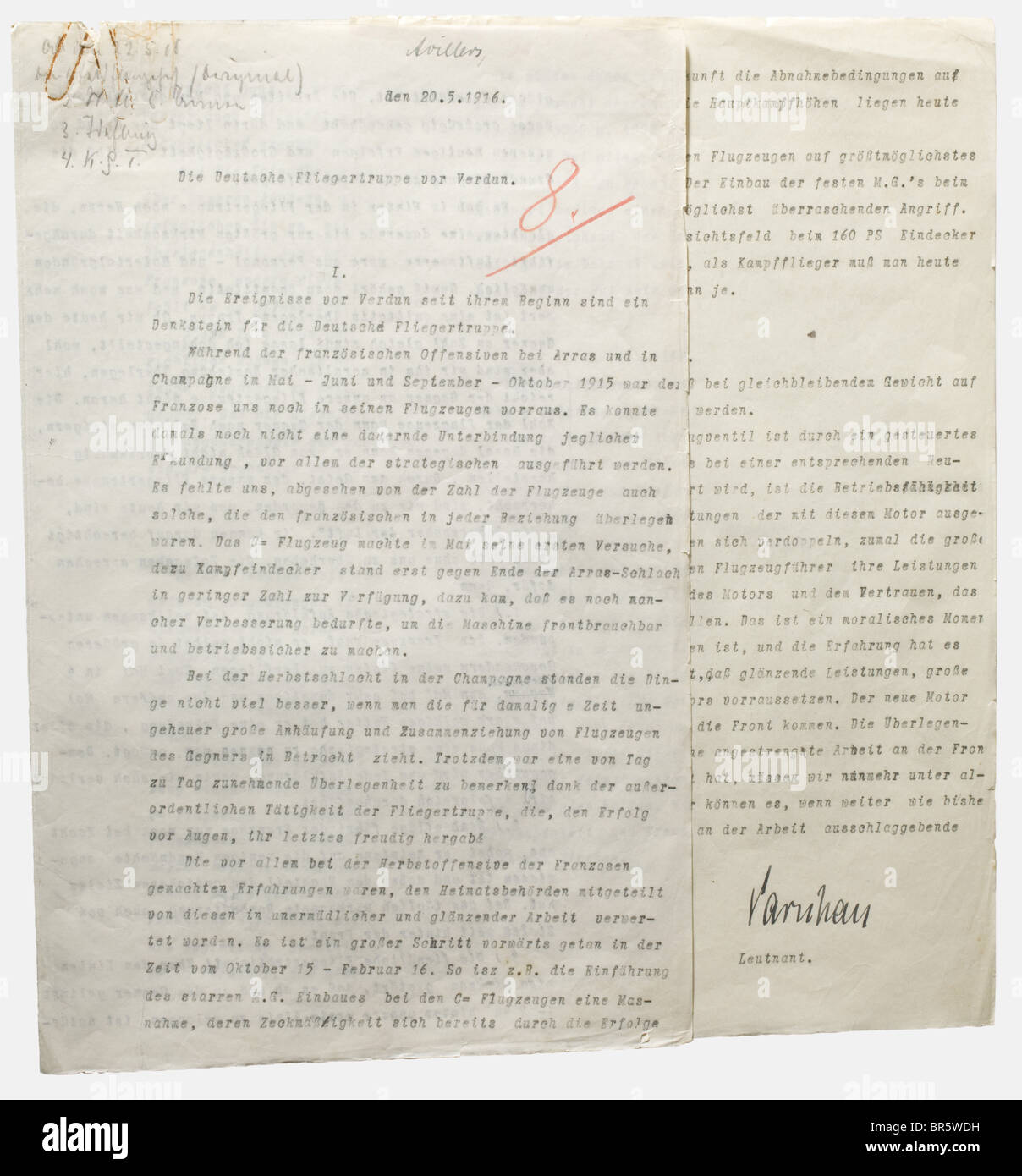 Lieutenant Otto Parschau (1890 - 1916), a memorandum on the armament of the Air Service Five-page typewritten memorandum (carbon copy) dealing with the technical requirements in air combat at the Western front, dated 20.5.1916 and titled 'The German aviation group at Verdun'. According to a marginal note, the original copy went to the head of the Army Air Service. The last page with Parschau's signature in ink. Otto Eduard Parschau received the 455th pilot licence in Johannisthal in 1913 and was a successful participant in a number of flight competitions. Durin, Stock Photo