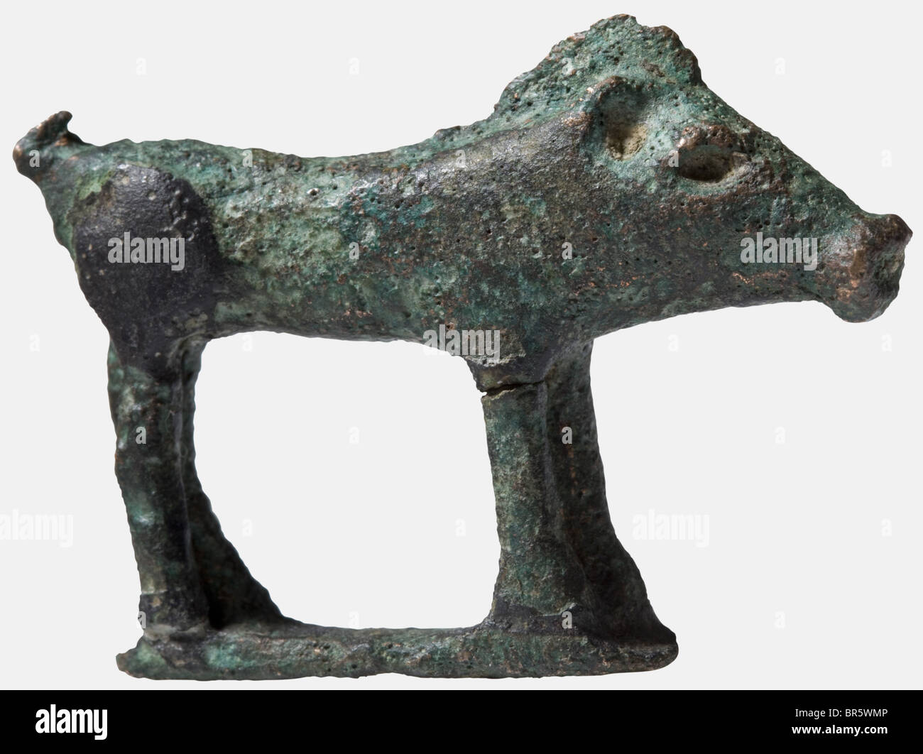 A pair of Celtic bronze boars, 3rd - 1st century B.C. Cast bronze complemented by cold-working. Good naturalistic portrayal, especially the larger boar elaborately crafted. Height 3.2 cm and 3 cm. Both with dark green patina, intact. Cf. Hermann Dannheimer, Das keltische Jahrtausend, State Prehistoric Collection Munich, 1993, fig. 124 and 435. Provenance: B. Collection, Basel, 1970s. historic, historical, 20th century, ancient world, ancient world, ancient times, object, objects, stills, clipping, cut out, cut-out, cut-outs, sculpture, sculptures, statuette, fi, Stock Photo