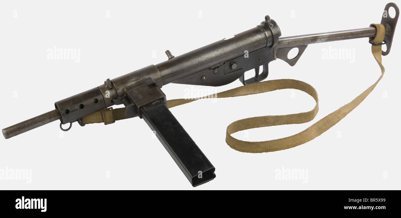 An English Sten MK II submachine gun, caliber 9 x 19, no serial number visible, stamped 'M/158'. No bluing, with its sling and magazine. historic, historical, 1930s, 20th century, firearm, fire arm, gun, fire arms, firearms, guns, weapon, arms, weapons, arms, object, objects, stills, clipping, clippings, cut out, cut-out, cut-outs, Stock Photo