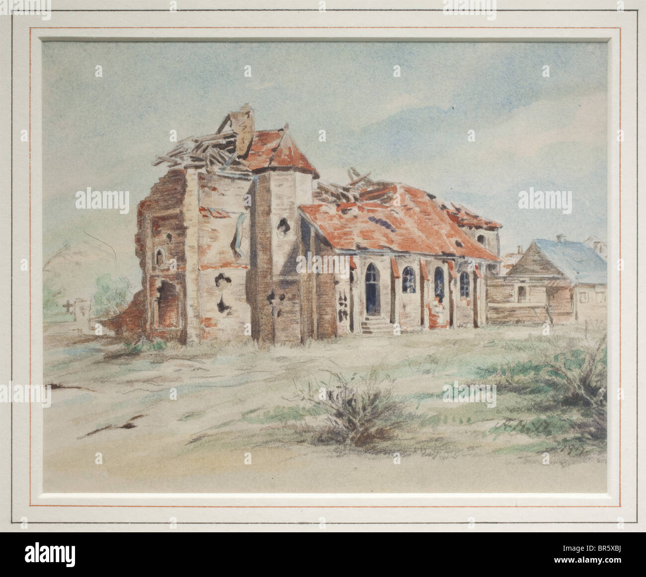 Adolf Hitler, a watercolour of a church ruin in Flanders Pencil and watercolours on paper, signed and dated 'A. Hitler 1917' on the lower right. Under glass, mounted and framed. Size of the painting 17 x 21 cm, framed 33.5 x 37.5 cm. In terms of content, this watercolour belongs to Hitler's works from the front. It was painted during the First World War and was published by Heinrich Hoffmann in a special volume in April 1936. The file included a similar pencil drawing bearing the date 27th June 1917 and depicting the church of Ardoye about 30 km south of Bruges, Stock Photo