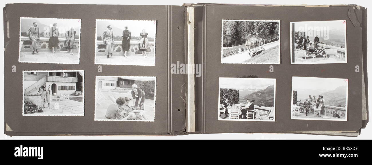 Adolf Hitler, a private photo album 'Berghof' 107 photos, taken by a confidant in close proximity to Hitler on the Obersalzberg in the summer of 1935/36, starting with landscape pictures of the Berghof or shots taken from the building's point of view. Then follow pictures of Angela Raubal (Hitler's half-sister), marching SS Bodyguard Regiment (Leibstandarte), Hitler going on walks with Albert Speer, Rudolf Heß, Hermann Esser, Heinrich Hoffmann, and Karl Brandt. Also photos taken from the Berghof's patios showing Hitler in the company of Eva Braun, Martin Borman, Stock Photo