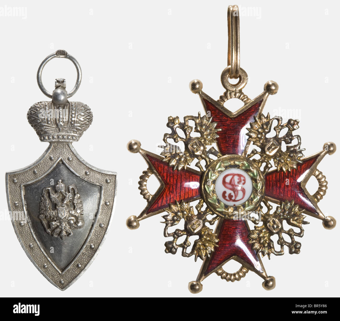 Order of St. Stanislaus, 3rd Class Cross, Albert Keibel, St. Petersburg before 1896 Gold and enamel, reverse punched 'AK' with double-headed eagle, the eyelet with St. Petersburg mark of fineness for 56 zolotniki, suspension ring with kokoschnik head. Dimensions 44 x 41 mm, weight 10.18 g. Included is a silver badge of the Imperial Society for the Education of Needy Children, silver (illegible marks), reverse engraved in Cyrillic 'H. M. Fernas 30.VI. 1901', height 41 mm, weight 10.69 g. historic, historical, 19th century, medal, decoration, medals, decorations,, Stock Photo