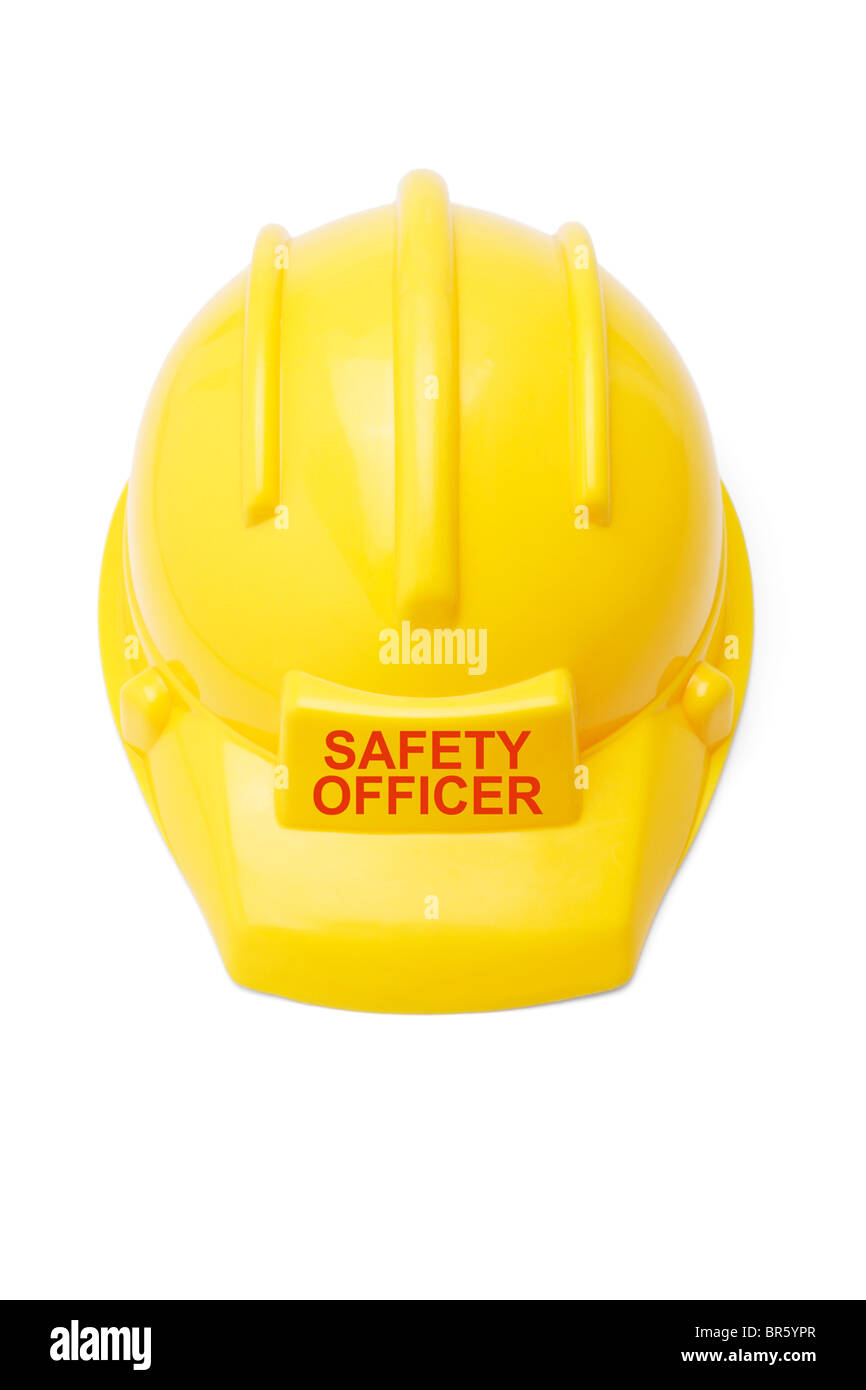 Yellow hardhat for SAFETY OFFICER on white background Stock Photo