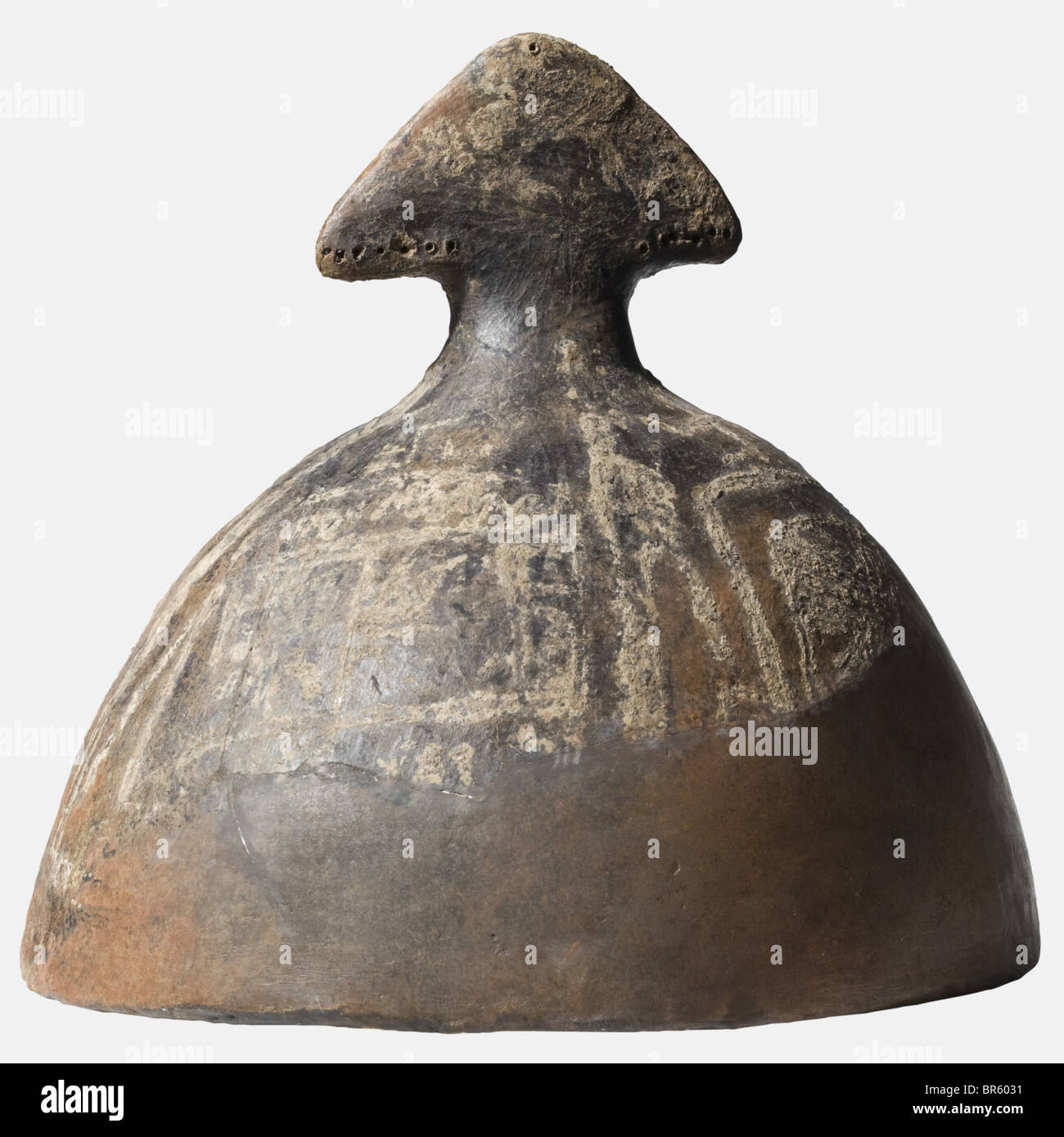 The lid of a cinerary urn, Villanova, 9th/8th century B.C. Hand-modelled pottery in the shape of an Etruscan helmet with beautiful impasto painting made of a lead and tin alloy, the crown with holes for embellishments. Height 23 cm, diameter 26.2 cm. Additions, discolourations. Cf. Hugh Hencken, Tarquinia, Villanovans and early Etruscans, Peabody Museum, Harvard University, 1968. Provenance: D.H. Collection, Reutlingen, 1950s. historic, historical, 20th century, ancient world, ancient world, ancient times, object, objects, stills, clipping, cut out, cut-out, cu, Stock Photo