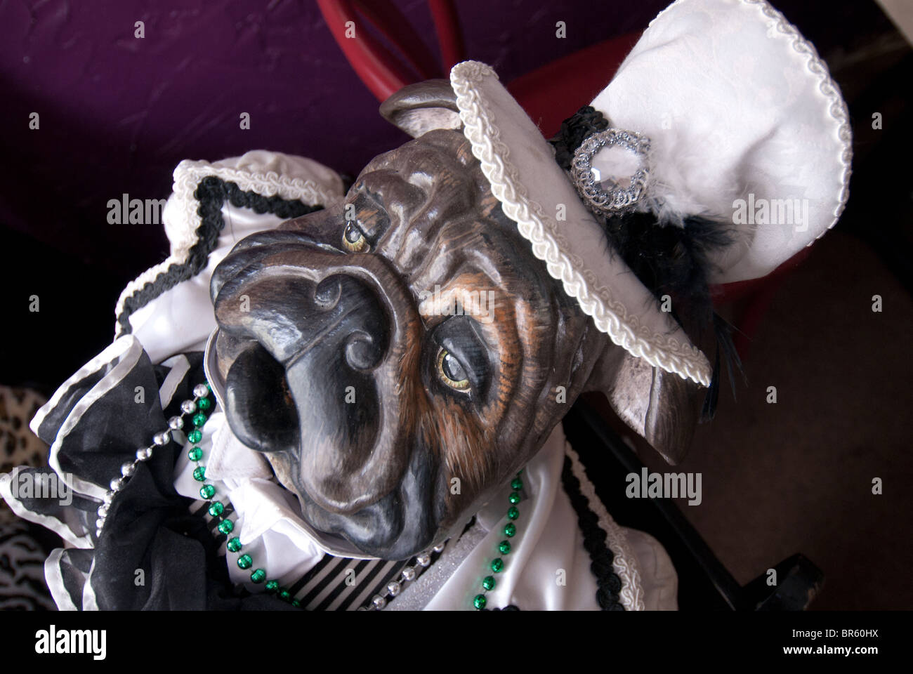 Life-size bulldog figure in 'Downtowner's on Dauphin' Cafe in Mobile, Alabama, USA Stock Photo
