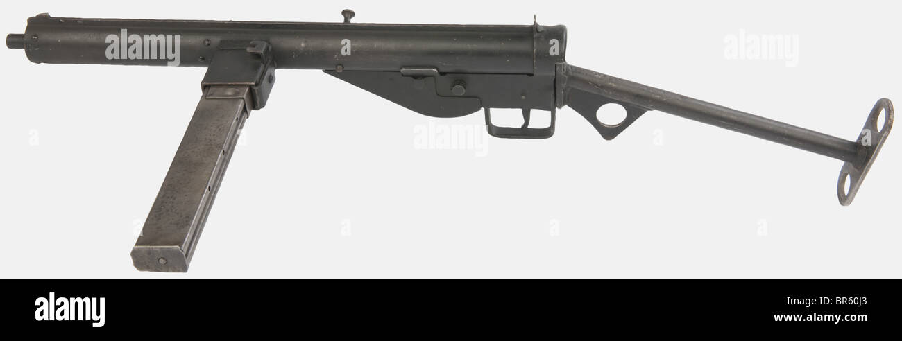 An English submachine gun STEN MK III, calibre 9 x 19, number F 21500 and number 2534 on the trigger guard, stamped 'STEN.MC. MKIII' on the magazine housing, the quite rare bronze bolt with number 2534. Black paint, without its sling. historic, historical, 1930s, 20th century, gun, guns, firearm, fire arm, firearms, fire arms, weapons, arms, weapon, arm, fighting device, object, objects, stills, clipping, clippings, cut out, cut-out, cut-outs, military, militaria, piece of equipment, Stock Photo