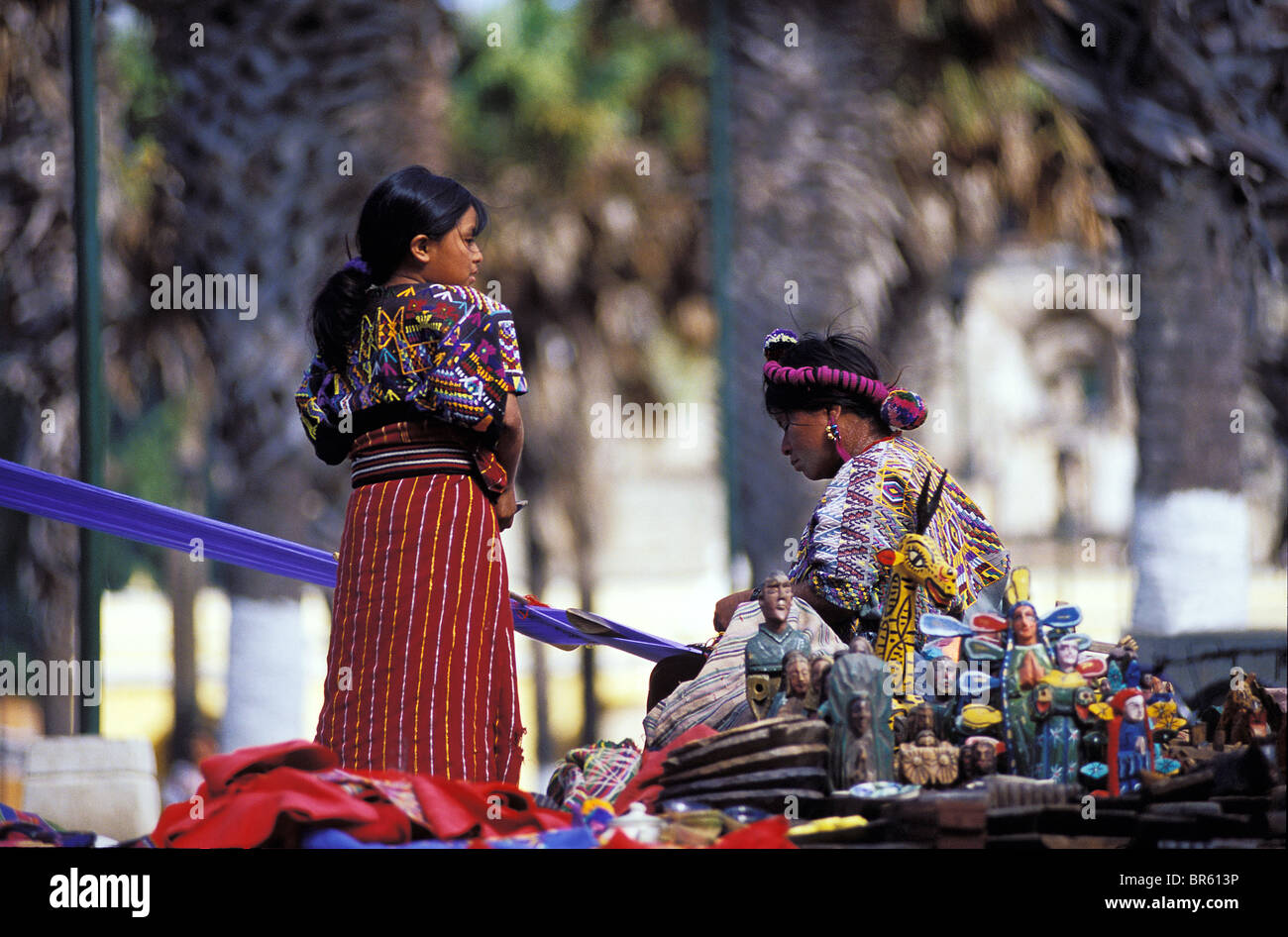 Woman in traditional huipil handweaving Antigua Guatemala Stock Photo