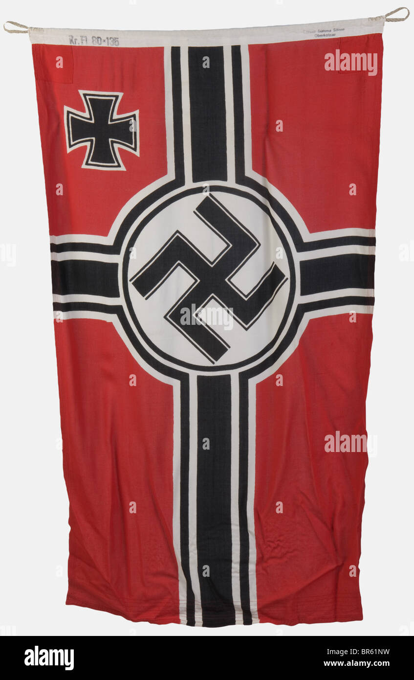A German army war flag, size 80 x 135 cm, complete with rope and markings. historic, historical, 1930s, 1930s, 20th century, Wehrmacht, armed forces, army, NS, National Socialism, Nazism, Third Reich, German Reich, Germany, object, objects, stills, clipping, clippings, cut out, cut-out, cut-outs, utensil, piece of equipment, utensils, flag, flags, insignia, symbol, symbols, emblem, emblems, Stock Photo
