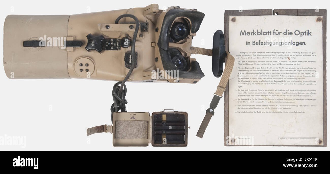 Binoculars, tan-painted, with maker's code 'blc', complete with optics cover and lighting supplying system with its plug. Optics very clear. Also included is a user manual made of white mica mounted on a piece of wood. historic, historical, 20th century, technical, technic, material, materials, device, devices, equipment, equipments, utensil, piece of equipment, utensils, technology, militaria, military, object, objects, stills, clipping, clippings, cut out, cut-out, cut-outs, Stock Photo