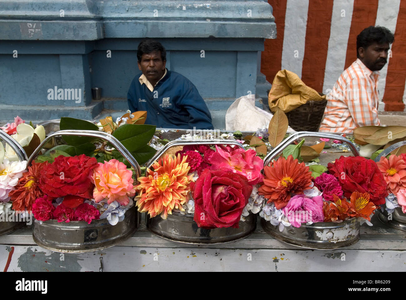 Flower seller -Kurinji Andavar Temple in Kodaikanal, Tamil Nadu. Stock Photo