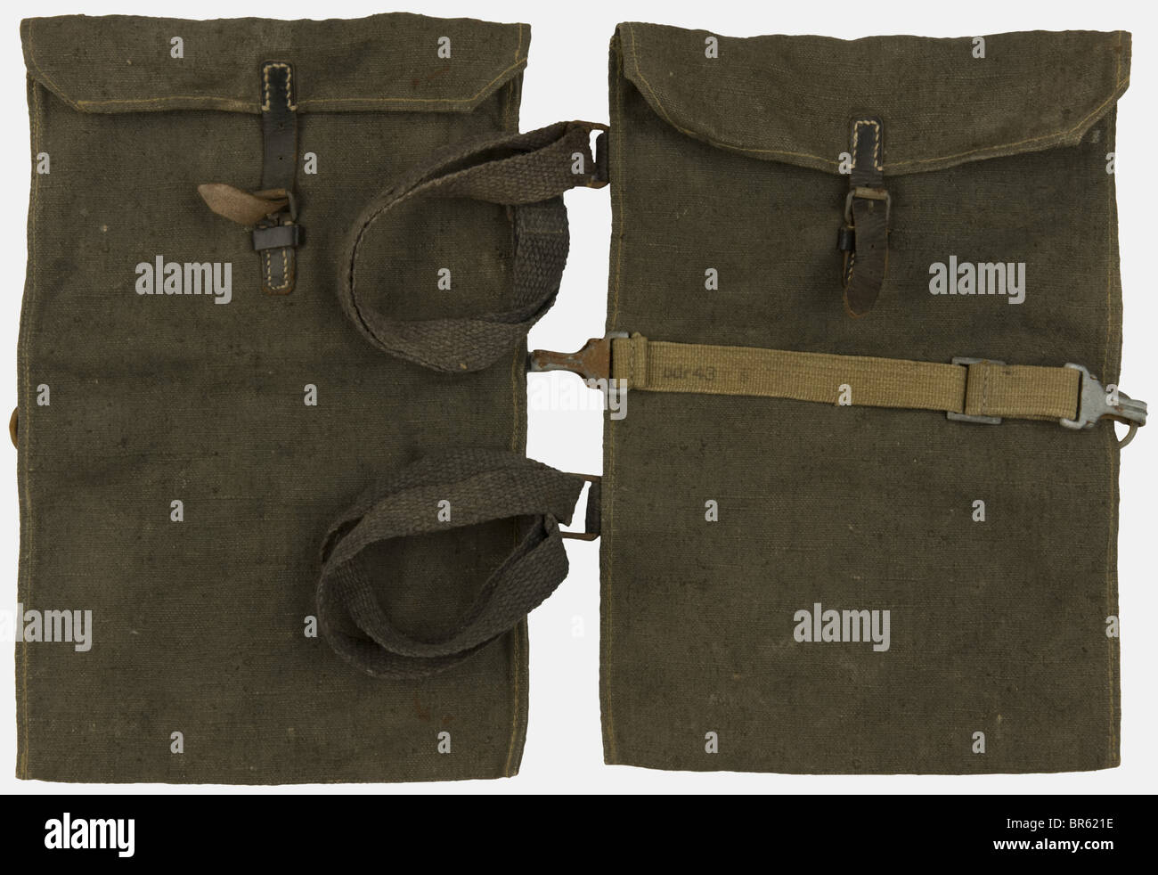 A German stick grenade assault bag., Grey thick canvas with straps on the back, one loop missing. A rare piece of equipment. historic, historical, 20th century, accessoir, accessoire, accessoires, utilitiy, utilities, object, objects, stills, clipping, cut out, cut-out, cut-outs, equipment, military, militaria, Stock Photo