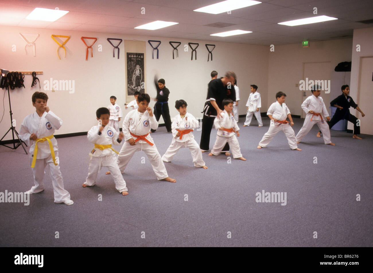 Dojo karate martial arts class self defense boy young youth belt teach learn instruct show demonstrate Stock Photo