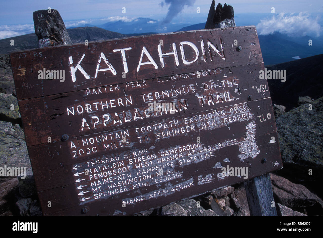 Sign on top of Mount Katahdin in Baxter State Park northern Maine