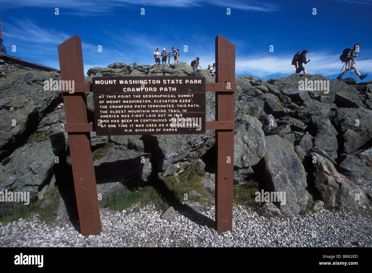 Hikers on top of Mount Washington the highest point in New Hampshire