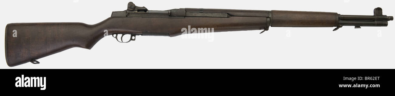 An American semi-automatic rifle Garand M1, made by Springfield armory in 1943, calibre 30/06, serial number 1901467. Without sling. Original bluing. The stock engraved 'LOIS'. historic, historical, 1930s, 20th century, firearm, fire arm, gun, fire arms, firearms, guns, weapon, arms, weapons, arms, object, objects, stills, clipping, clippings, cut out, cut-out, cut-outs, Stock Photo