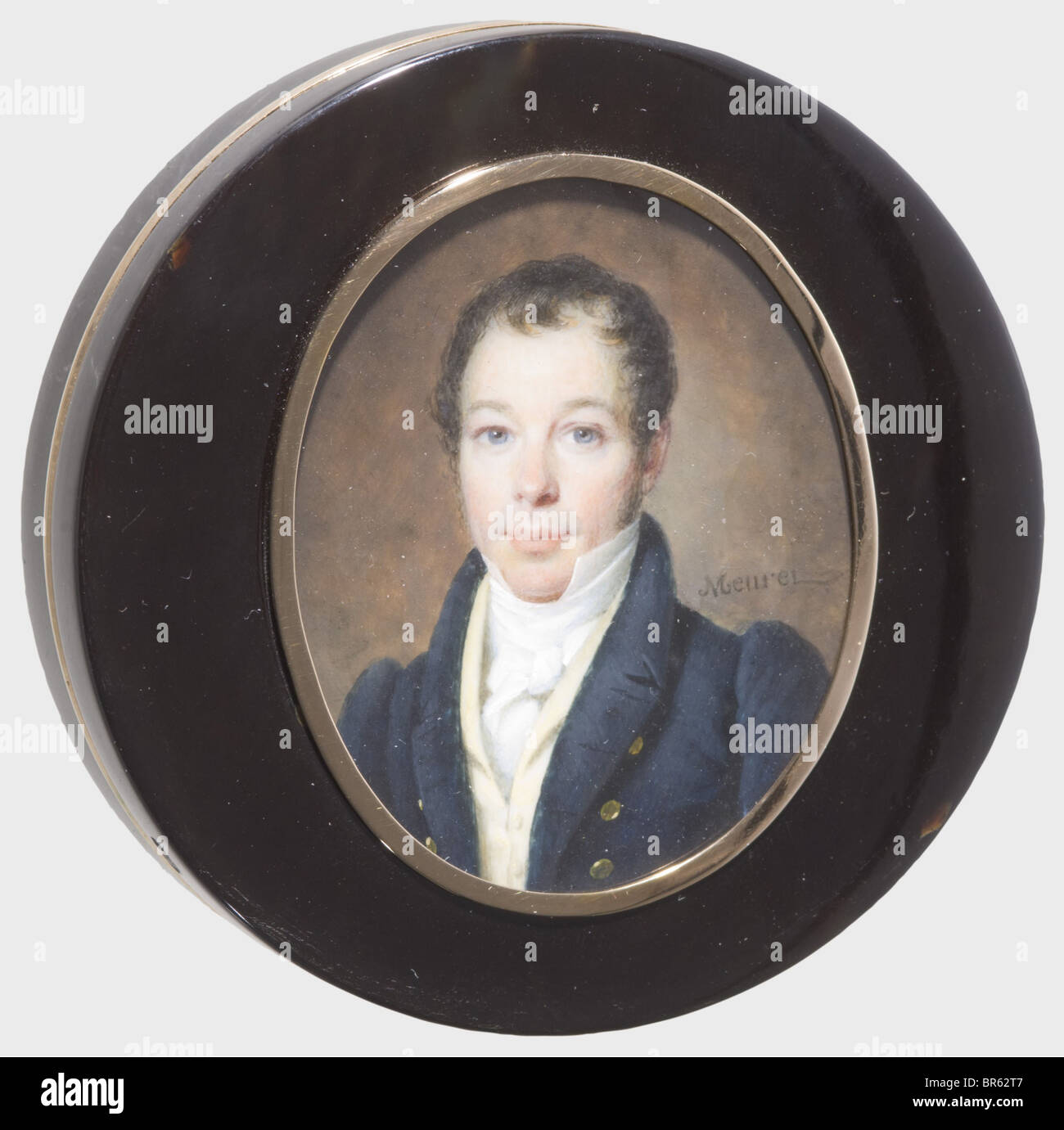Francois Meuret (1800 - 1887) and Pierre Andre Montauban - a gold-lined tortoise shell box with a gentleman's portrait on ivory., Round shape, the inside lined with gold and stamped with the master's mark of Montauban as well as additional unclear hallmarks. On the lid a finely painted portrait of a gentleman in plainclothes, on the right border signed 'Meuret'. Diameter 7.8 cm. Francois Meuret, French miniature painter, painter to the court of King Louis Philippe and the family d'Orleans, already exhibits 1822 in the Paris Salon. He wins 1827 and 184, Artist's Copyright has not to be cleared Stock Photo