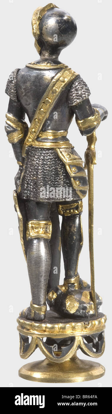 King Ludwig II of Bavaria (1845 - 1886) - a personal seal., Silvered and gilt bronze. The handle in the shape of a historical, knight in full armour, the right hand resting on his golden sword, in the left the shield with fleurs-de-lis. On a neogothic socle. The seal matrix with reverse monogram 'L' based on the monogram of the French Sun King Louis XIV, surmounted by the Bavarian Royal crown. Height 10,8 cm. In a velvet and silk lined case with label and handwritten inventory number '306.' on the lid, the bottom with remains of another label. Cf. a similar sea, Stock Photo