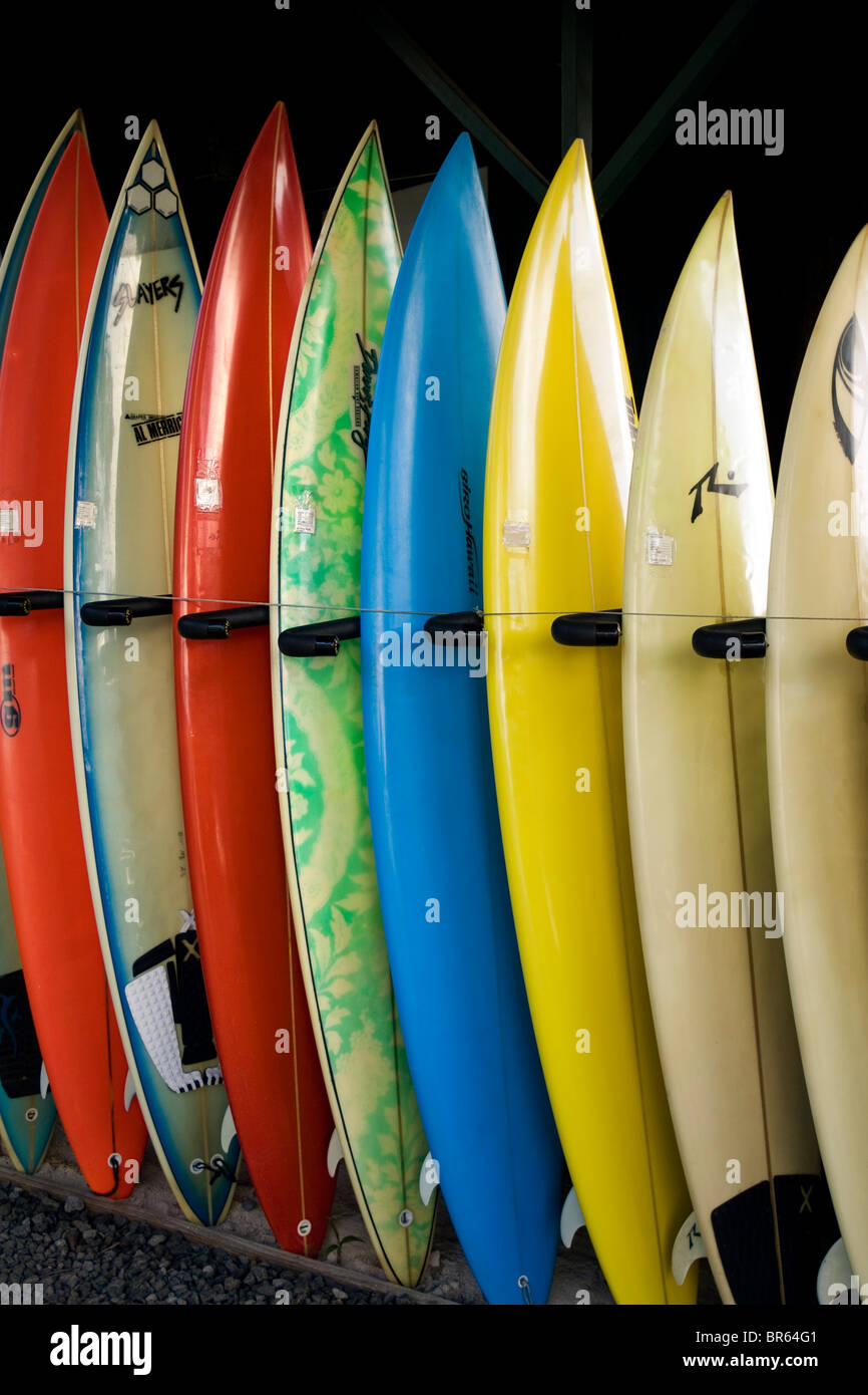 surfboards on a rack in Haleiwa Hawaii Stock Photo Alamy