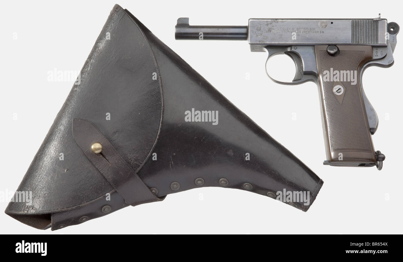 A Webley & Scott Mark I N (Navy) with holster, cal..455 Auto, no. 3790. Almost bright bore. Manufactured in 1913. 7- shot. Grip safety. On left of slide three-line inscription 'WEBLEY & SCOTT Ltd. / PISTOL SELF-LOADING .455 MARK I N / 1913'. Various acceptance marks broad arrow. Original bluing partly spotted, thin on grip safety, right side in better condition. Brown, bleached hard rubber grip panels. Magazine. Lanyard loop. Complete with the rare brownish black cowhide holster which is riveted instead of sewn due to aggressive salt water. On right belt loop m, Stock Photo