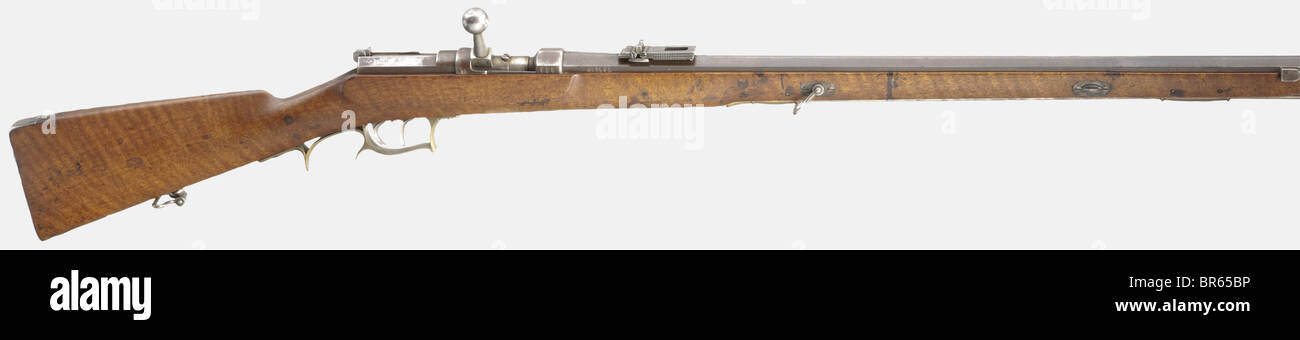 A Dreyse needle-fire 'Jäger' rifle M/65, 15.43 mm cal., no. 6560. Matching numbers including fittings and screws. Bright 4-groove rifled bore, octagonal barrel, length 77 cm, dovetailed front sight. Three-flap rear sight slide, only slide with no 2960. Hair trigger. On left of receiver marked 'Sömmerda F.v.D. / B.B.Mod. 65', on the right stamped '1870 / 1873' for year of manufacture and issue. Barrel root marked 'Stahl', on both sides various acceptance and examination stamps. Barrel completely blued, receiver with spotted finish. Bolt in the white. Full walnut, Stock Photo