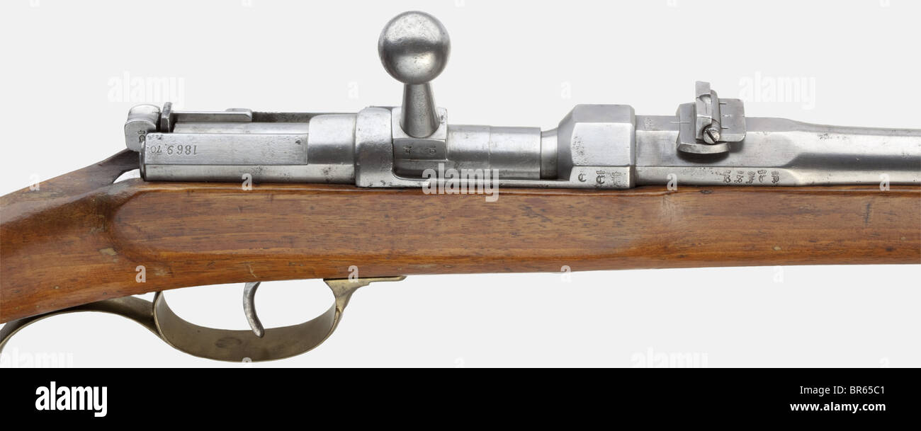 An engineers needle-fire rifle M/69, Spandau, 15.43 mm cal., no. 480. Matching numbers. Bright, 4-groove rifled bore. Two-stage barrel octagonal breech section, then round, length 64 cm. Fixed rear sight with one flap. On left back of receiver marked eagle/'Spandau', further down 'B.P.G.M.69'. On the right stamped '1869 / 70' for year of manufacture and issue. Barrel root marked 'Stahl', on both sides various acceptance and examination stamps. All steel parts unblued, cleaned with fine pitting in places. Light full walnut stock without cheek, reconditioned, lac, Stock Photo
