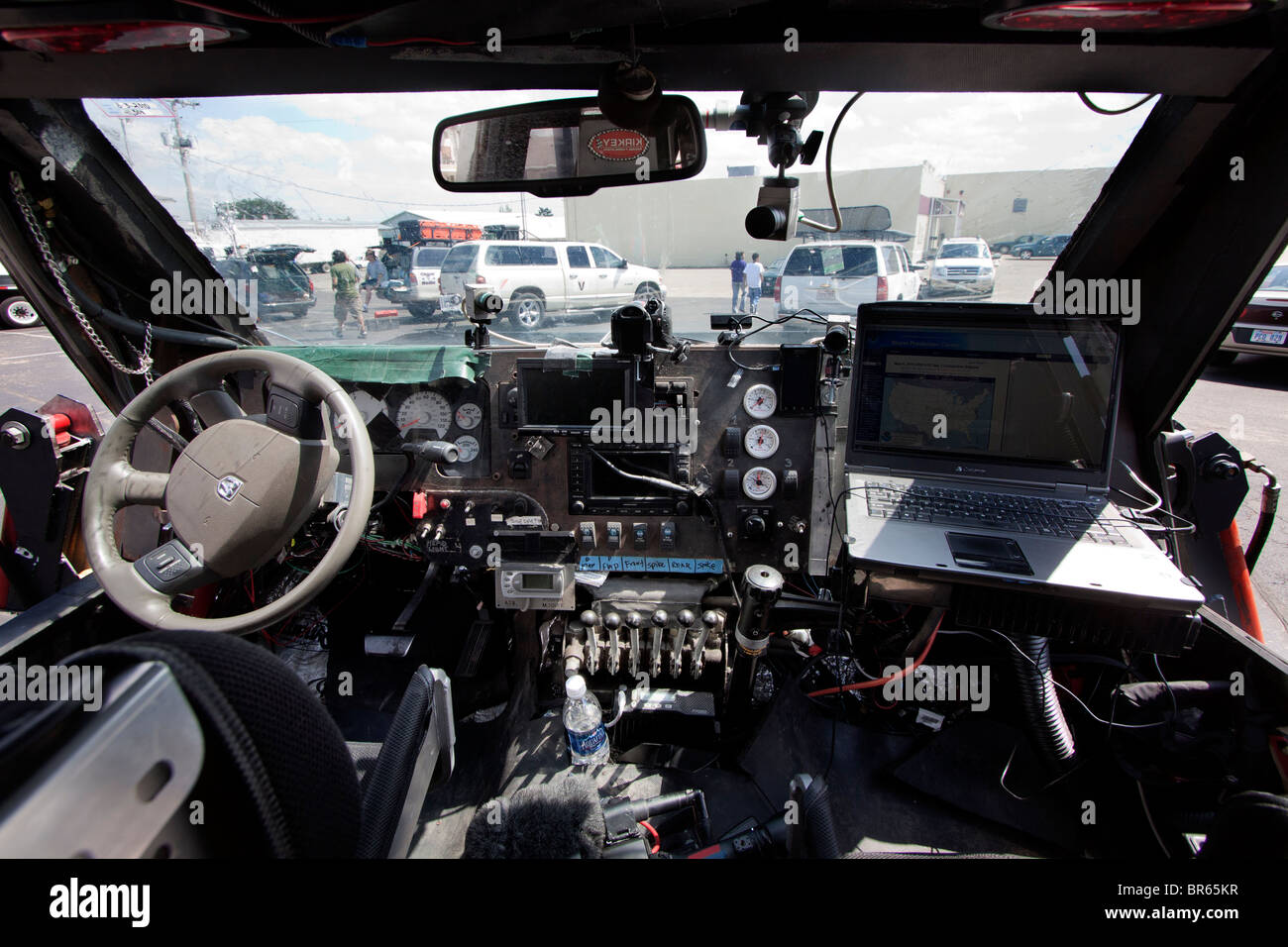The interior cockpit of Sean Casey's "Tornado Intercept Vehicle", an armoured truck designed to withstand the winds of a tornado Stock Photo