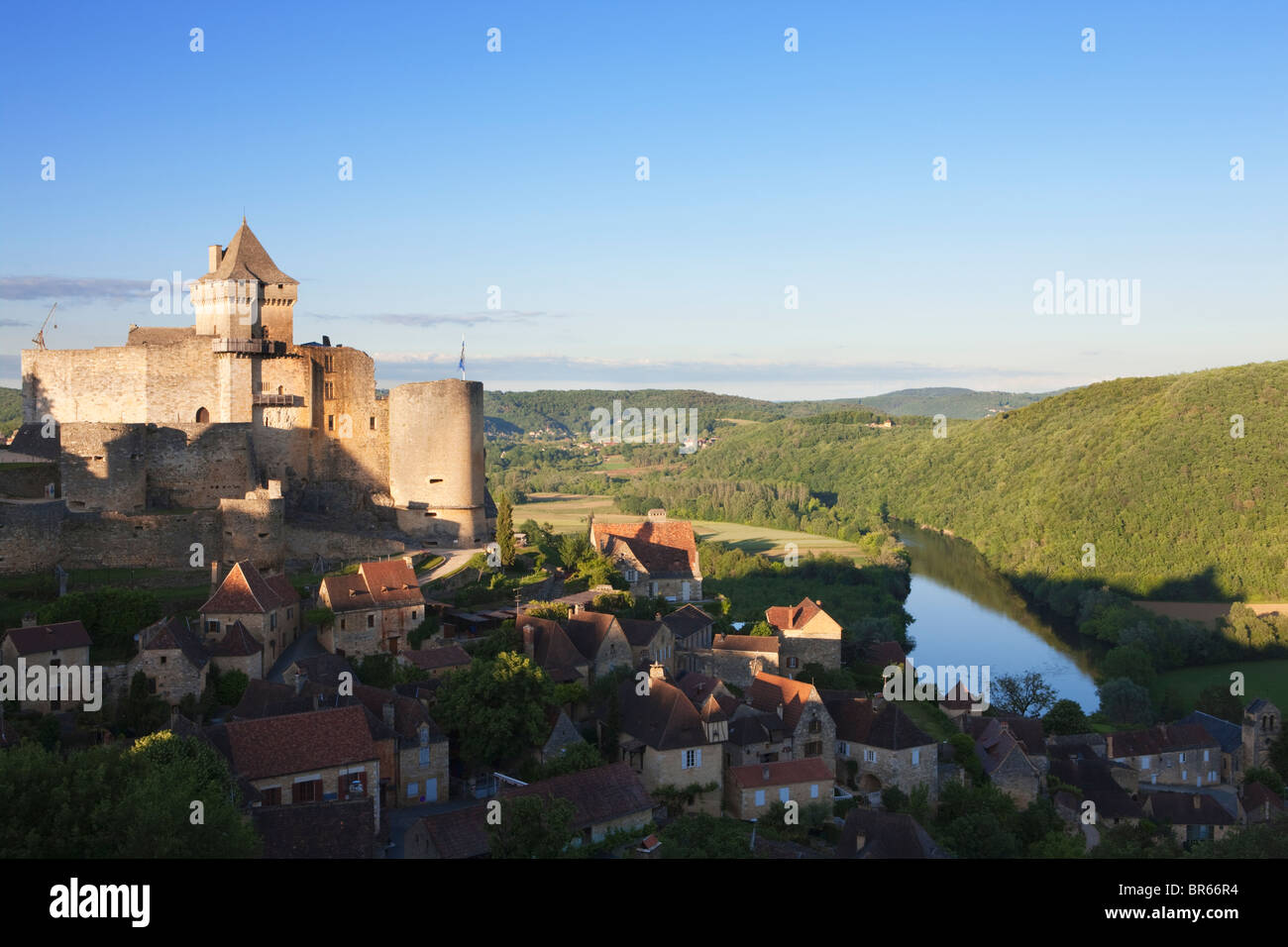 Sunset, castle, river Dordogne, Castelnaud-la-Chapelle Dordogne; France Stock Photo