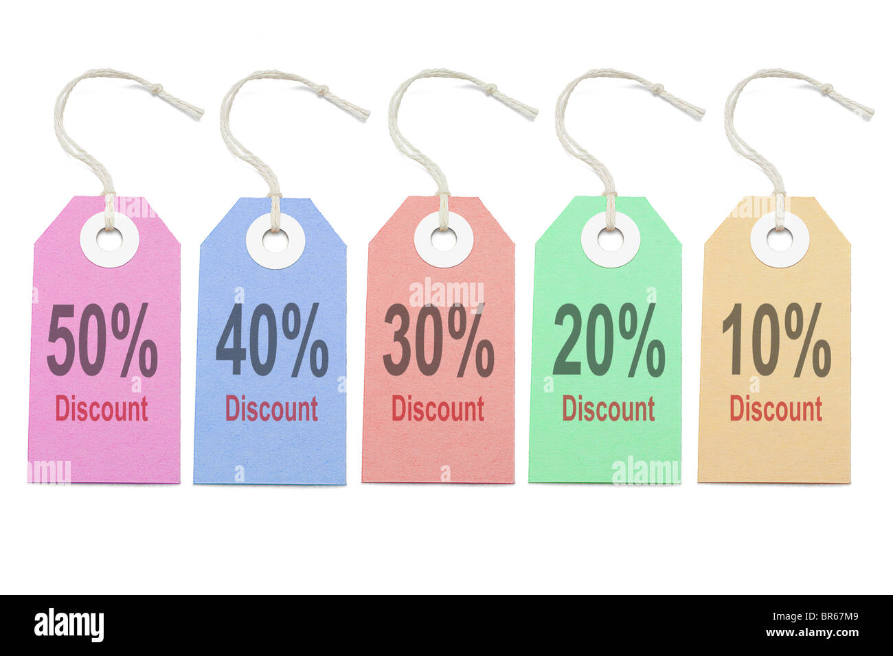 Multicolor paper labels with different discount rates on white background Stock Photo