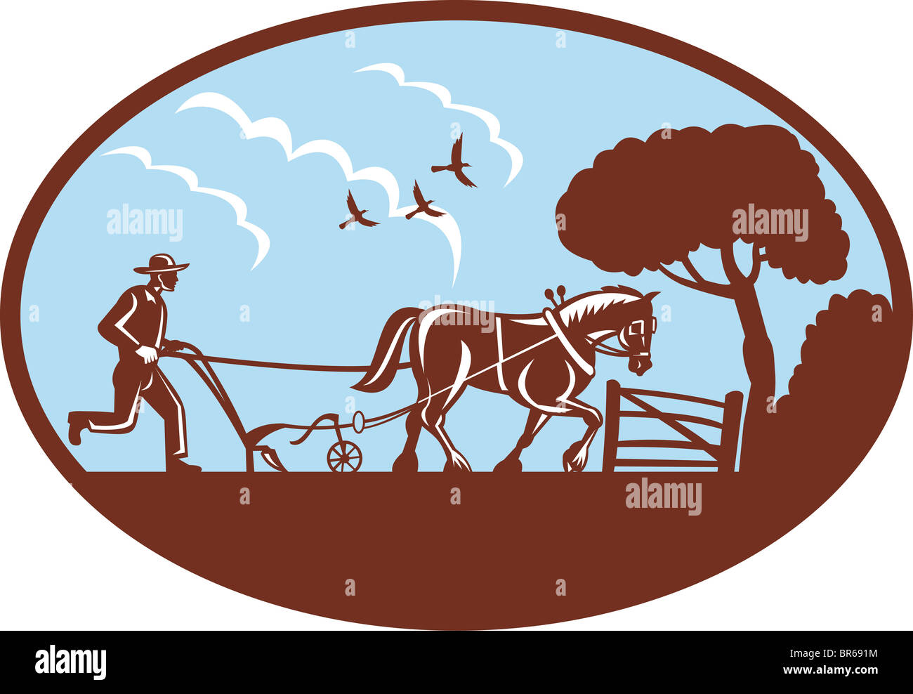 farmer plowing the field with horse in farm with tree in background