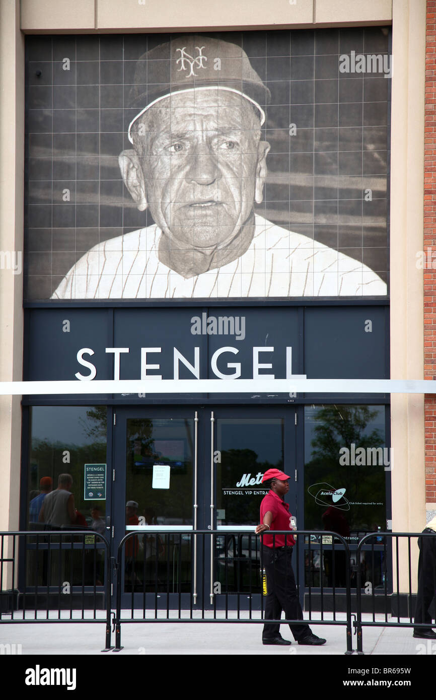 Security guard standing outside Casey Stengel VIP entrance at Citi Field, Queens, NY, USA Stock Photo
