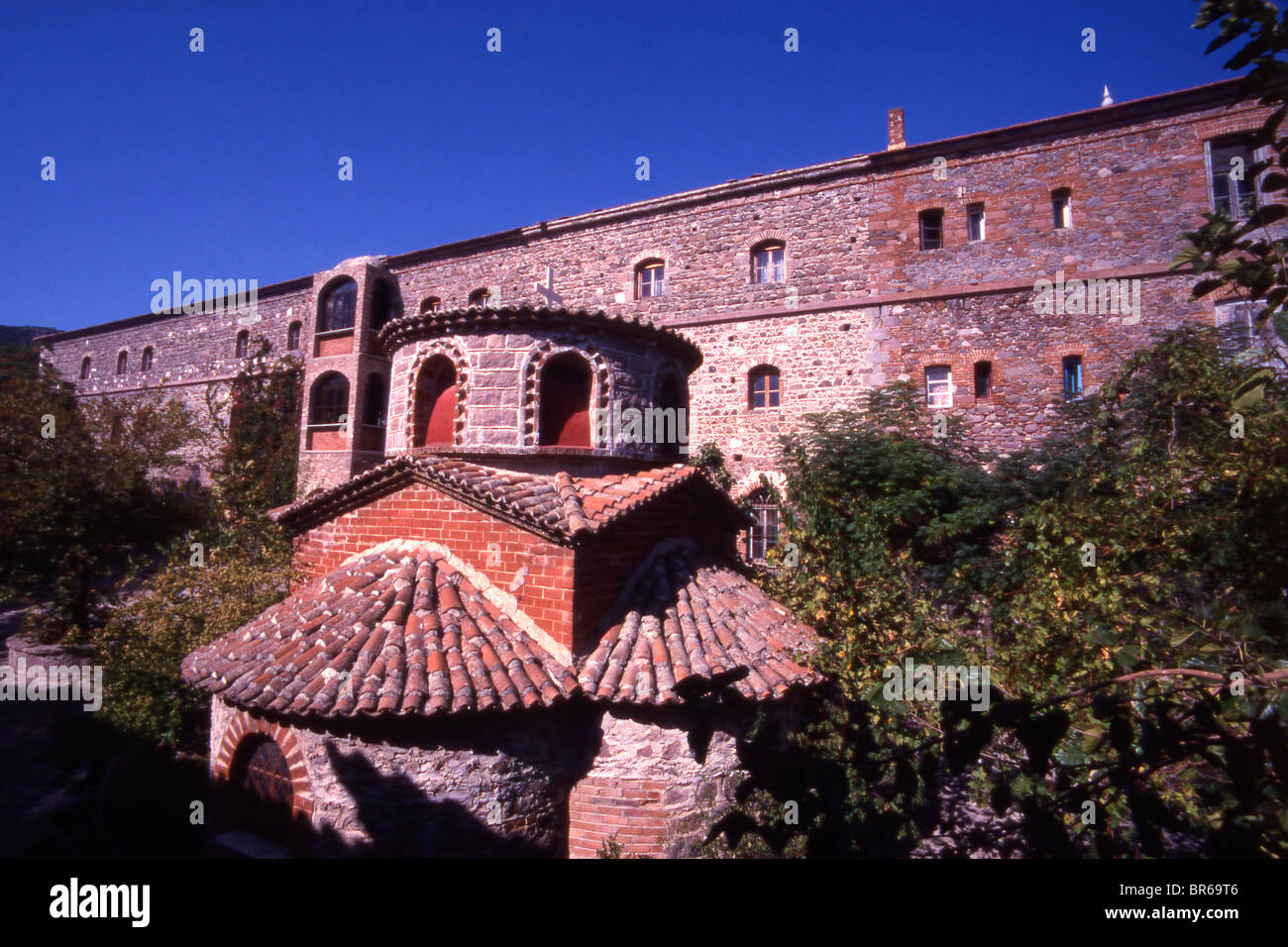 In 1527 the Abbot Ignatios founded the rambling complex of Moni Leimonos the second most important monastery on Lesvos. Stock Photo