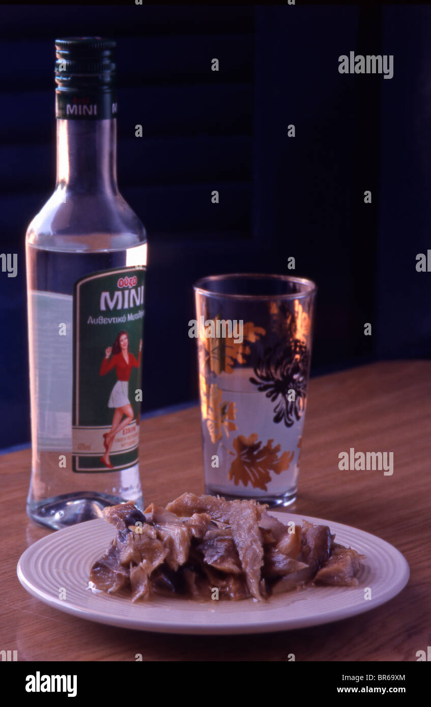 Plomari is known as the Islands ouzo capital. Stock Photo