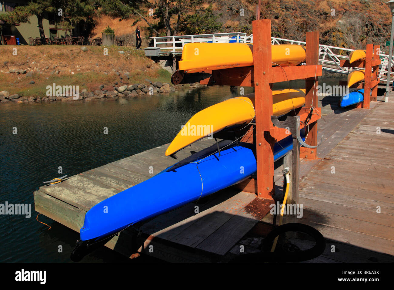 Kayaks on boat rack Stock Photo