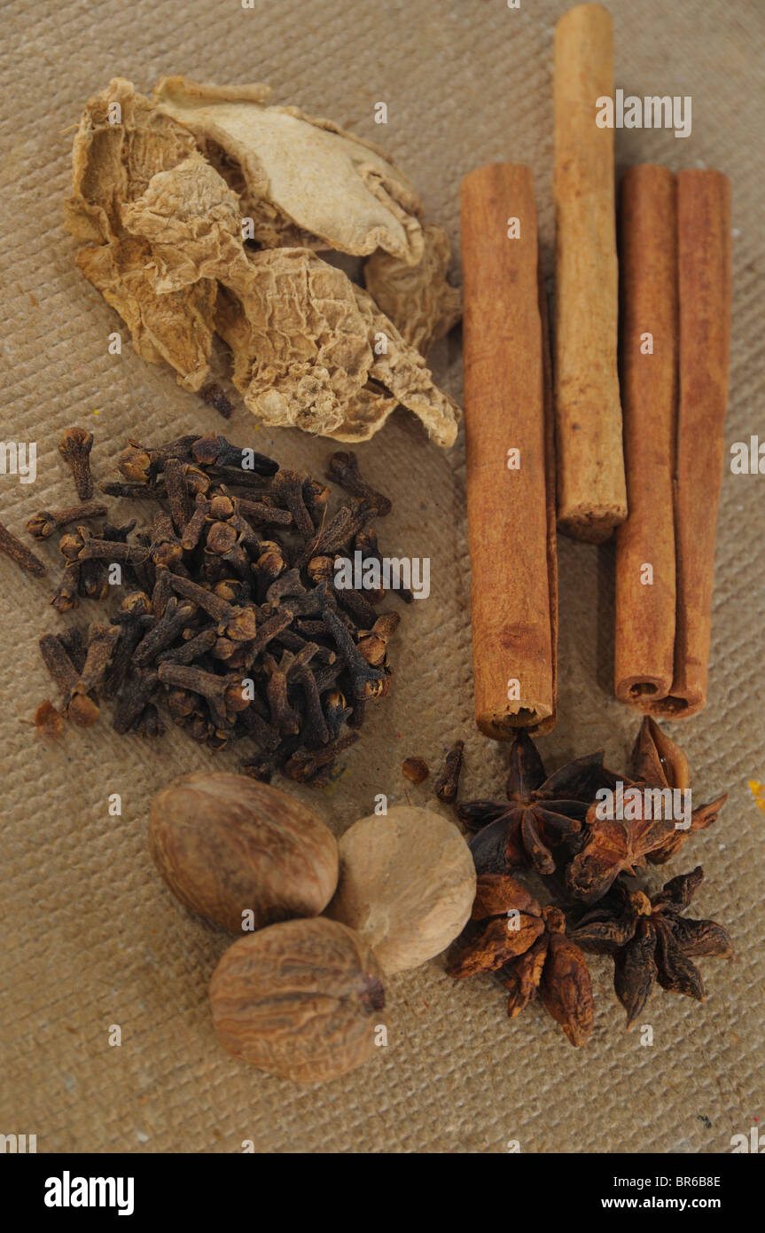 Assorted spices, cinnamon, nutmeg, clove, anise star and ginger in