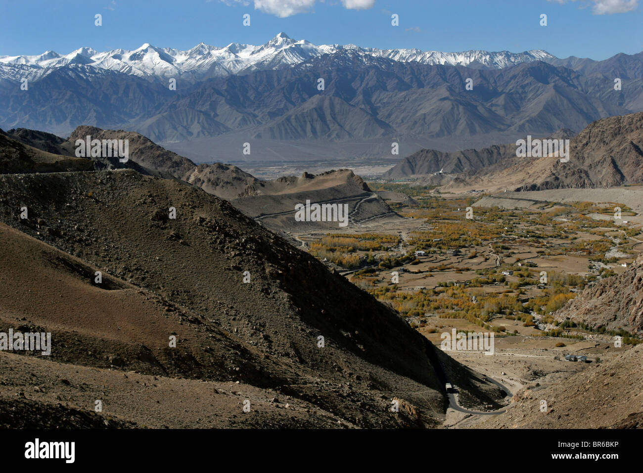 An overview of the road to the Khardung La pass, claimed to be the highest motorable road in the world, in Ladakh, India. Stock Photo