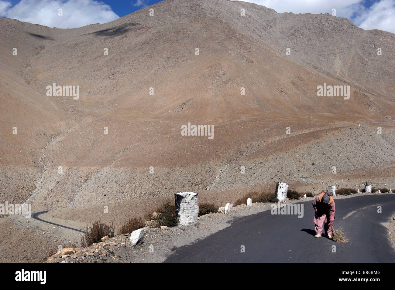 A woman sweeps the dust off the road to the Khardung La pass, claimed to be the highest motor-able road in the world, in Ladakh. Stock Photo
