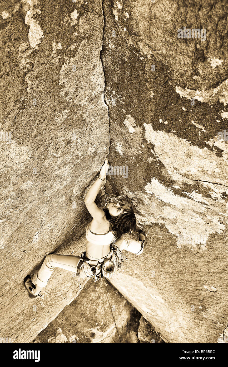 Female rock climber is focused on her next move as she battles her way up a steep cliff in Joshua Tree National Park, California Stock Photo