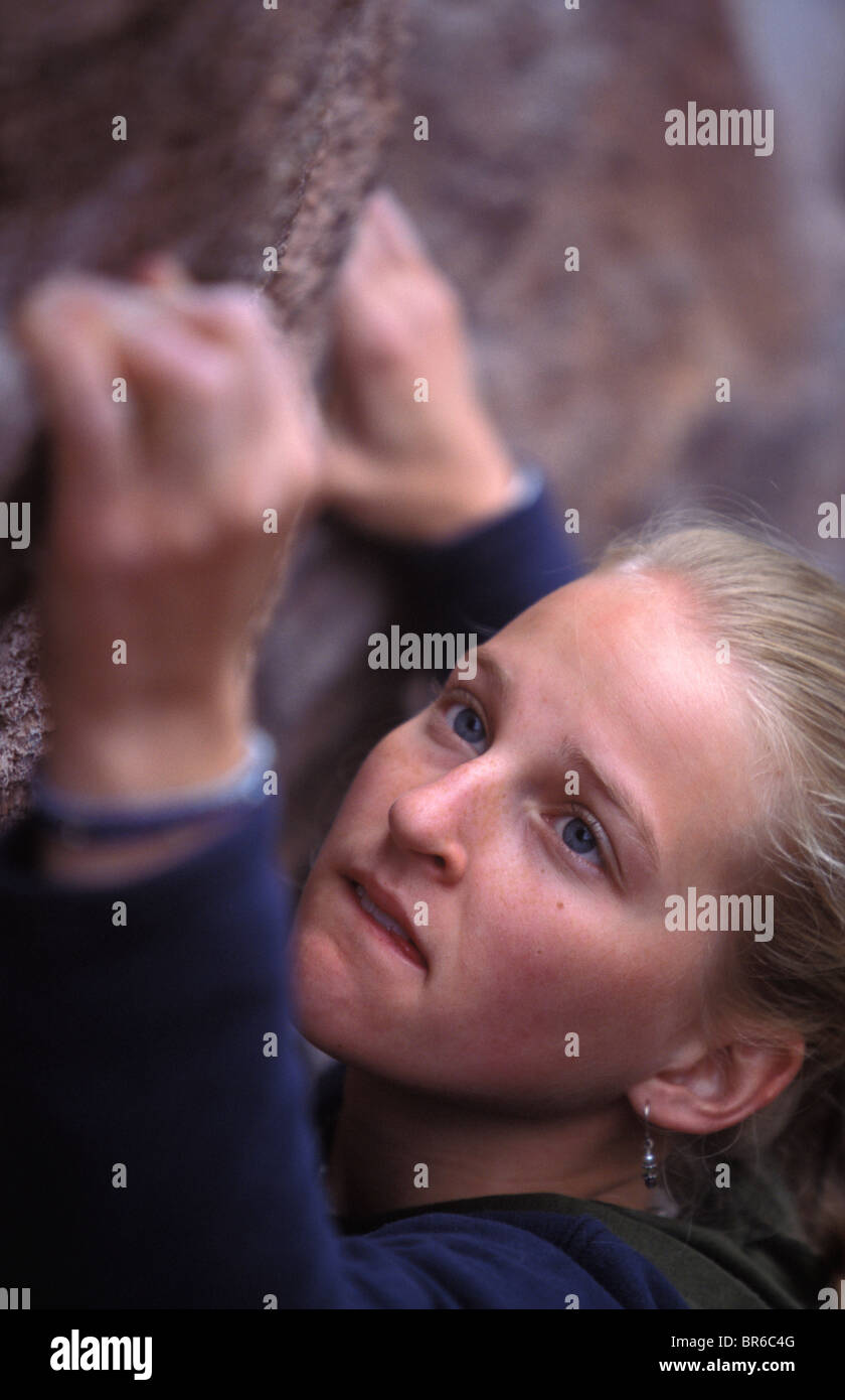 A female rock climber bouldering on sandstone Stock Photo Alamy