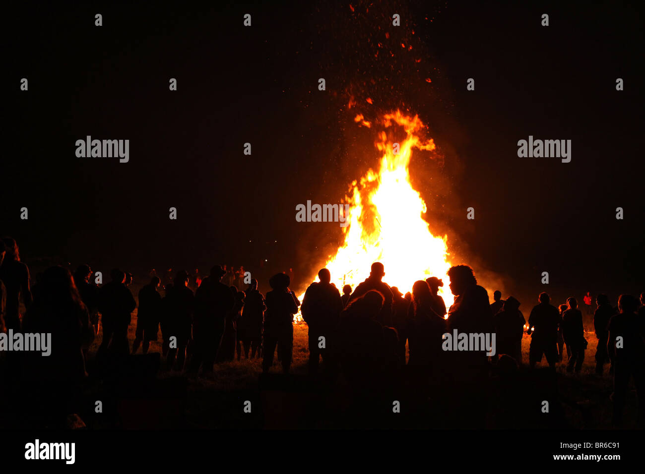 Large bonfire at FarmJammaLamma music festival, Brookville, PA, USA Stock Photo