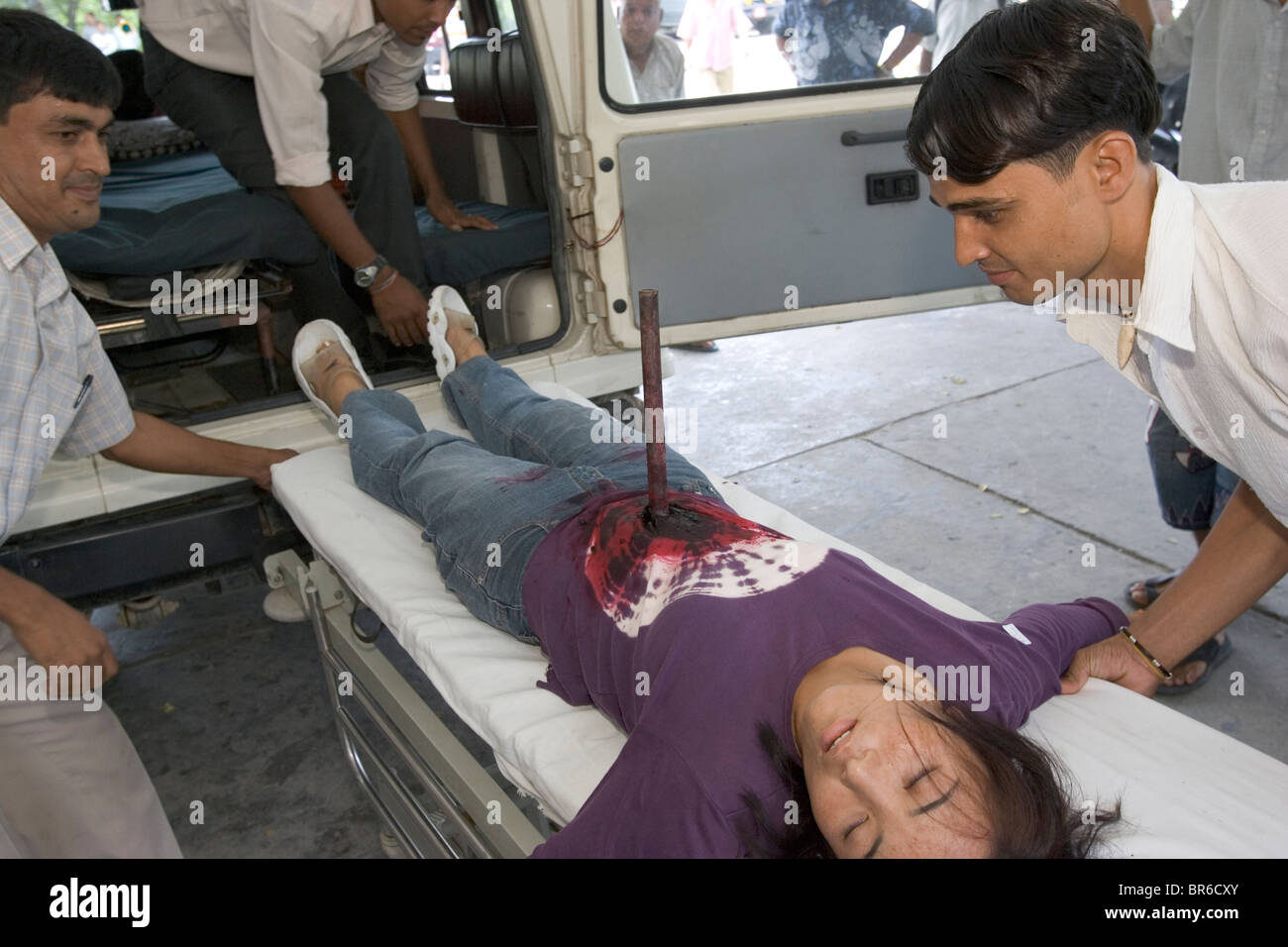 People take part in earthquake drill at a hospital in Nepal. Stock Photo